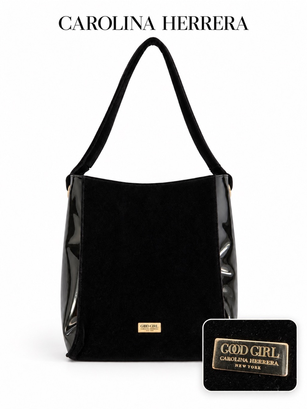 Carolina Herrera Good Girl Black Velvet Patent Shoulder Tote Bag Gold Tone